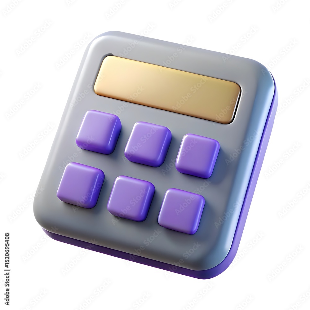 Poster modern 3d rendered calculator with a sleek design and purple buttons against a clean white backgroun