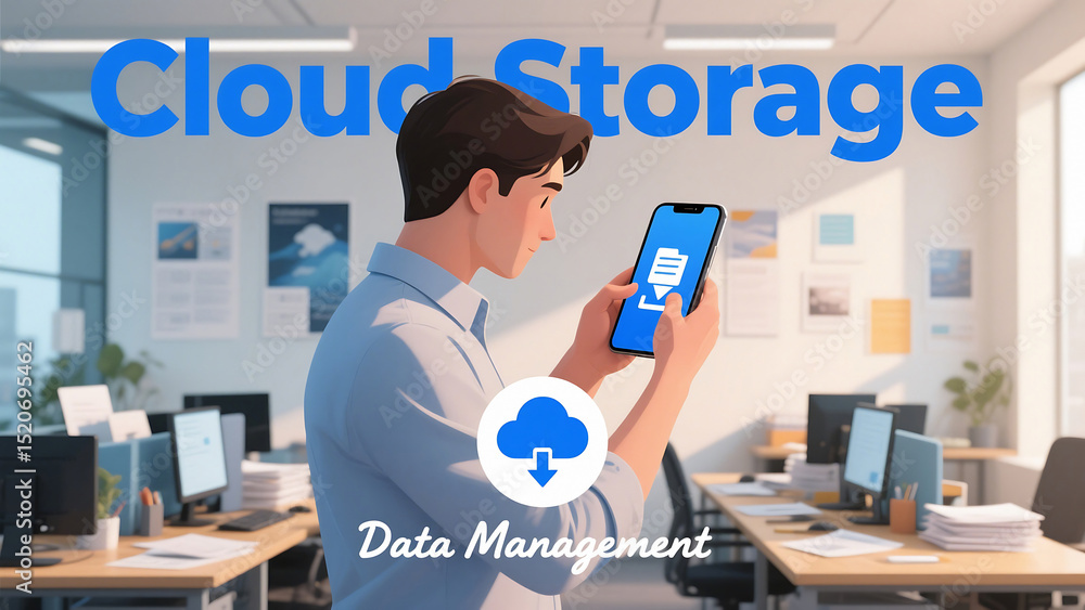 Poster cartoon man using a smartphone for cloud storage in a modern office environment with data management