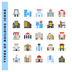 25 Types of Building Flat icon pack. vector illustration.