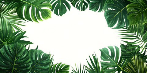 Tropical palm and fir branches create a festive Christmas border of evergreen leaves