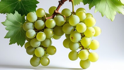 A vibrant bunch of green grapes hanging from the vine, bathed in soft light