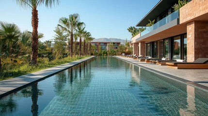 Fototapeta premium Luxury Resort Poolside Oasis: Modern Architecture Meets Tranquil Landscape