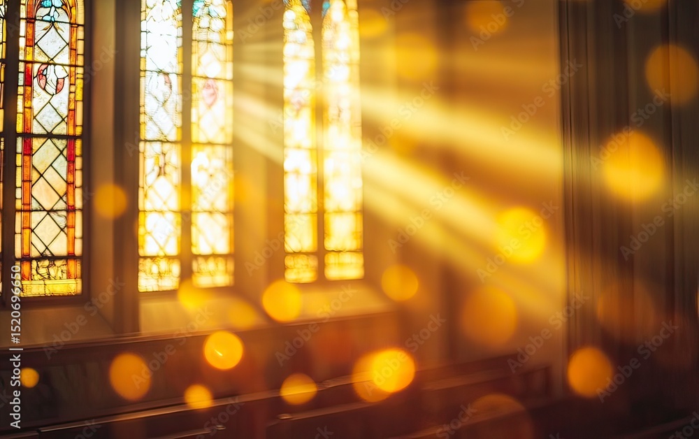Poster stained glass window in a church with sunlight shining through, creating beautiful light rays. abstr