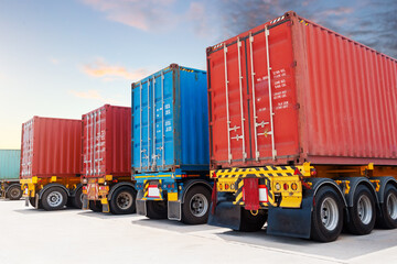 Trailer Trucks Parked on The Parking Lot at The Port. Big Rig. Shipping Cargo Container. Economy...