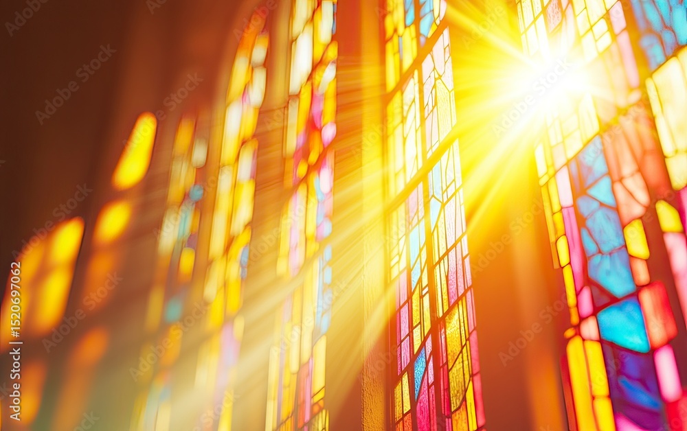 Poster stained glass window in a church with sunlight shining through, creating beautiful light rays. abstr