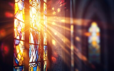Stained glass window in a church with sunlight shining through, creating beautiful light rays. Abstract background with copy space for text and a message about Jesus Christ, sun shadow, and God's rays
