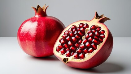 Captivating still life of a whole and halved pomegranate revealing juicy seeds