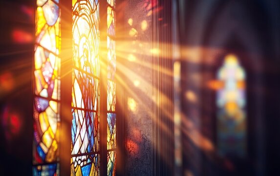 Stained glass window in a church with sunlight shining through, creating beautiful light rays. Abstract background with copy space for text and a message about Jesus Christ, sun shadow, and God's rays