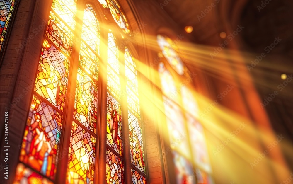 Poster stained glass window in a church with sunlight shining through, creating beautiful light rays. abstr