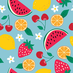 Summer seamless pattern with fruits, berries, lemon and orange. Flat Decorative summer illustration