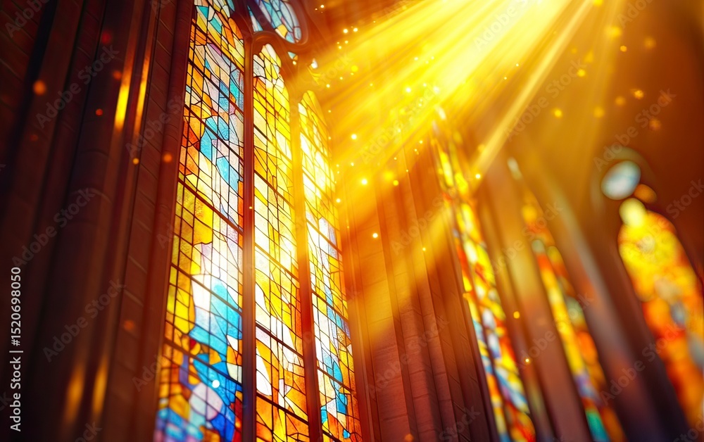 Aufkleber stained glass window in a church with sunlight shining through, creating beautiful light rays. abstr