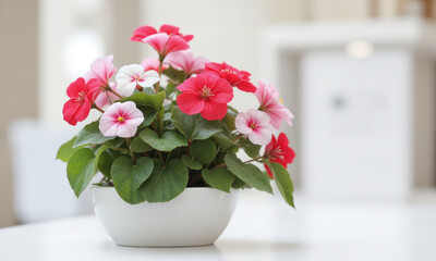 Begonia (Begonia spp.) Colorful flowering plant with rounded leaves and bright flowers in red, pink, or white, potted in decorative