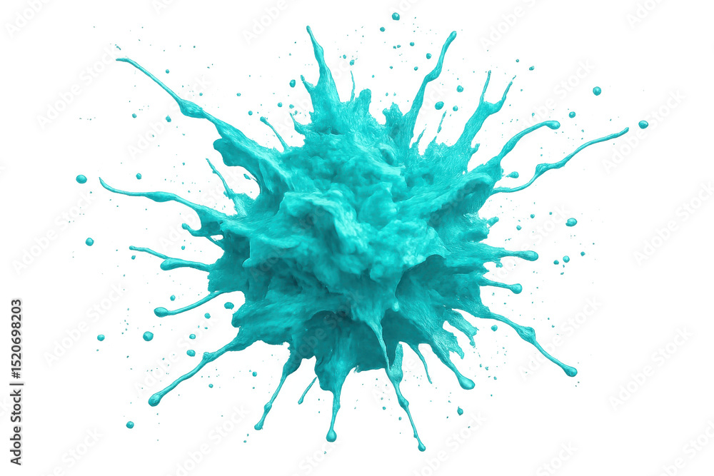 Poster turquoise paint splashing and creating vibrant droplets against a transparent background, capturing 