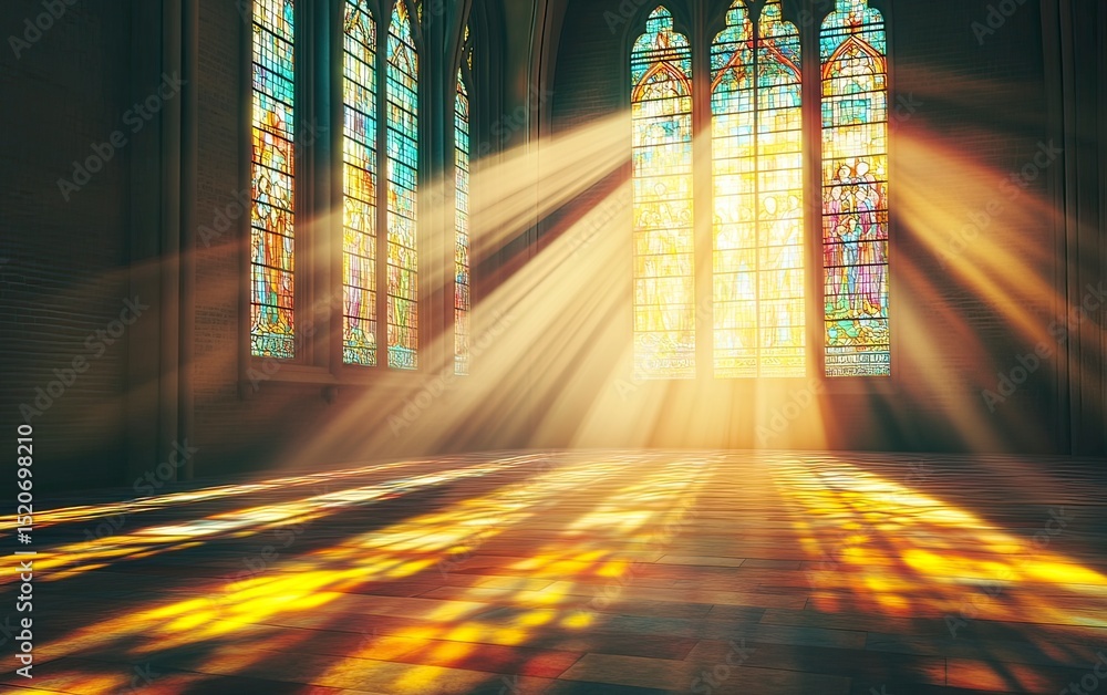 Aufkleber stained glass window in a church with sunlight shining through, creating beautiful light rays. abstr
