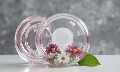 Cosmos (Cosmos) simple, elegant glass vase with clear water, holding a wild arrangement of cosmos flowers in white, pink,
