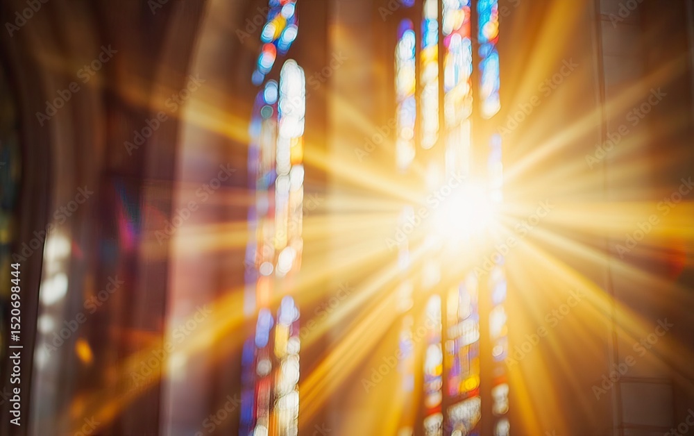 Aufkleber stained glass window in a church with sunlight shining through, creating beautiful light rays. abstr