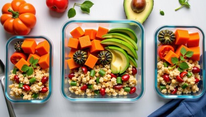 A colorful assortment of fresh vegetables, grains, and avocado in glass meal prep containers on a white background.