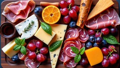 A vibrant charcuterie board featuring assorted cheeses, cured meats, grapes, orange, blueberries, and fresh herbs on a wooden platter.