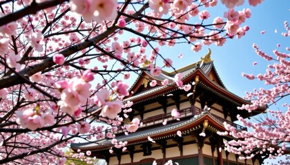 Fototapeta premium Traditional Japanese temple framed by blooming cherry blossom branches under a clear blue sky.