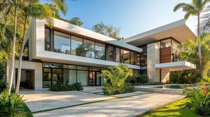 Fototapeta premium Luxury Modern Tropical House Design: Stunning Contemporary Architecture in Lush Greenery