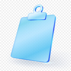 3D glossy glass blue clipboard icon with a transparent background, perfect for management, planning, productivity apps, or educational content. app UI and web design. Vector illustration.