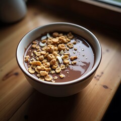 Bowl of Chocolate Pudding with Cereal on a Wooden Surface