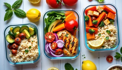Healthy meal prep containers with grilled chicken, rice, and fresh vegetables on a white wooden table with herbs and lemons.