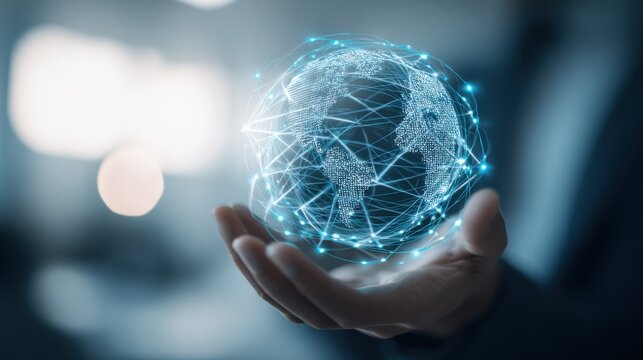 A human hand cradling a futuristic digital wire-frame globe with interconnected glowing points, symbolizing global connectivity and advanced technology. The high-tech cybernetic design is highlighted 