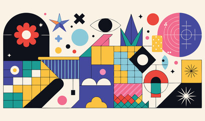 Seamless vector cartoon illustration of colorful houses, Christmas trees, and flowers for a fun holiday pattern design