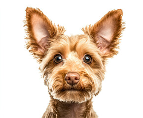 An adorable purebred Yorkshire Terrier puppy with brown fur sits on a white background in a studio portrait