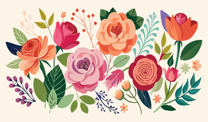 A vibrant vector illustration of a tulip bouquet, with delicate pink blossoms and green leaves, perfect for a seamless floral pattern design