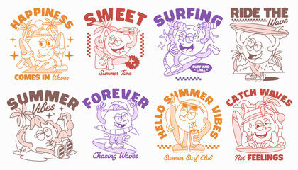 Retro surf t-shirt design bundle, Summer beach t-shirt  graphic set, Groove cartoon character t-shirt design for print