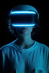 Person Wearing a Glowing Virtual Reality Headset Immersed in Digital World