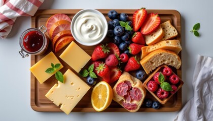 A colorful charcuterie board with cheese, fruit, bread, jam, yogurt, and fresh herbs arranged on a wooden tray.