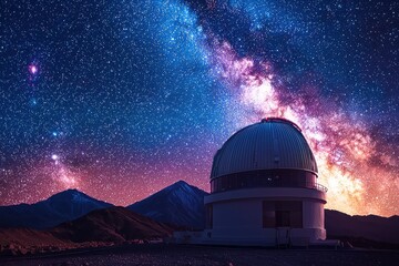 Stunning Night Sky with Observatory and Milky Way Galaxy Over Mountainous Landscape