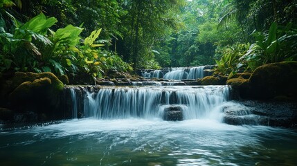 Serene Waterfall in Lush Tropical Rainforest