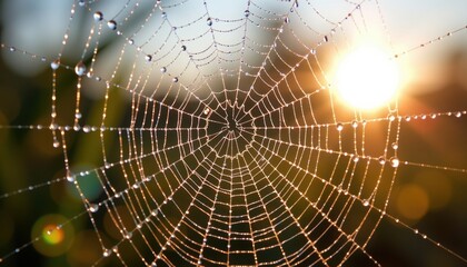 Naklejka premium A close-up of a spider web covered in dewdrops, illuminated by the morning sunlight in a natural outdoor setting.