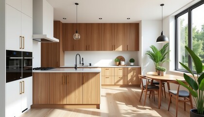 Modern kitchen with wooden cabinets, large windows, dining area, and indoor plants, filled with natural light and minimalist decor.