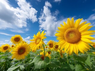 Fototapeta premium Vibrant sunflower field under blue sky with fluffy clouds