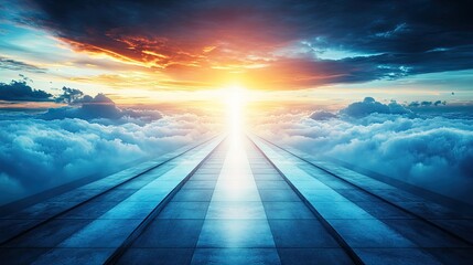 Fototapeta premium A paved path through the clouds at sunrise.