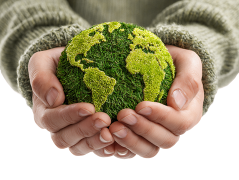 Hands Gently Holding a Green Globe, PNG
