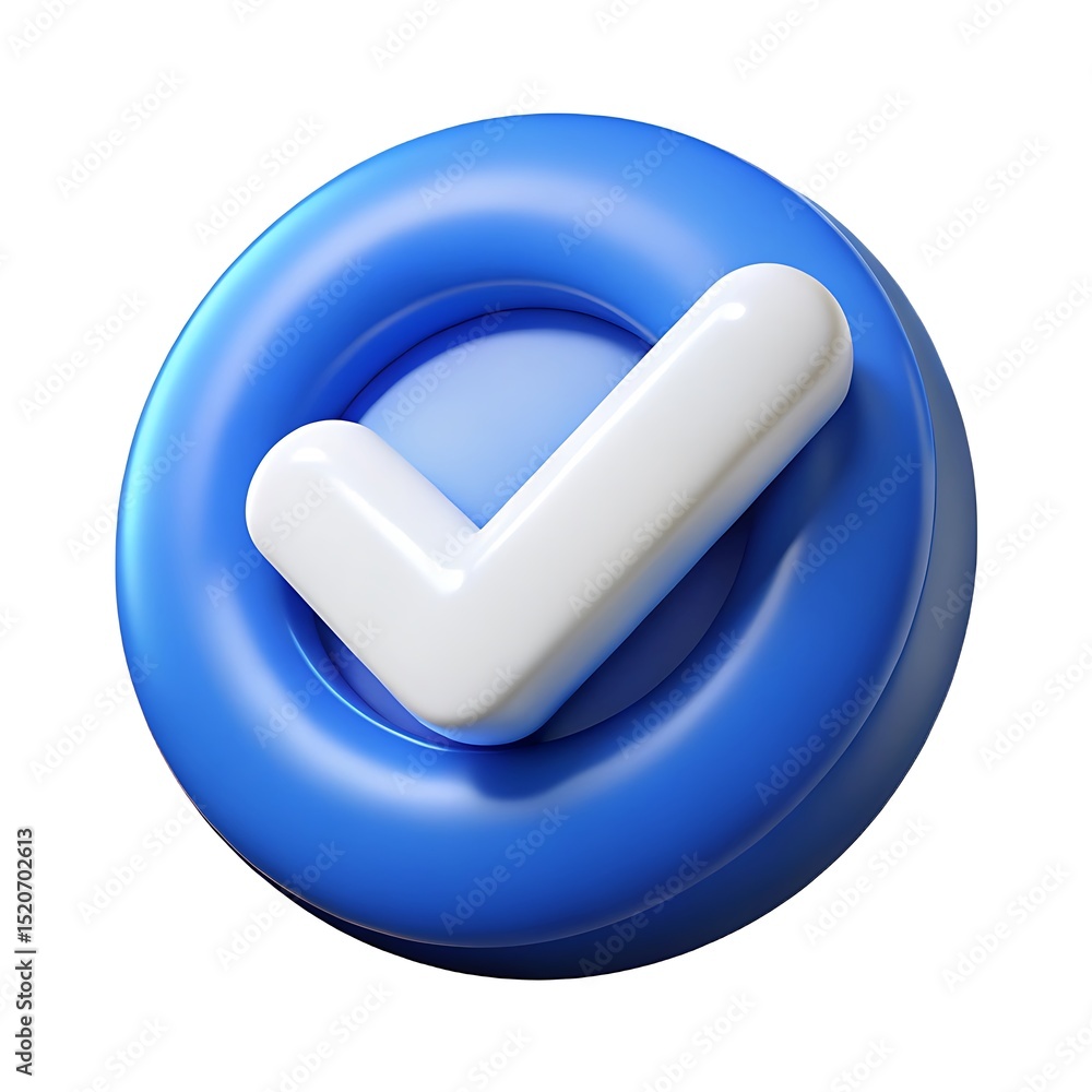 Poster 3d render of blue circular button with white check mark symbolizing approval and validation