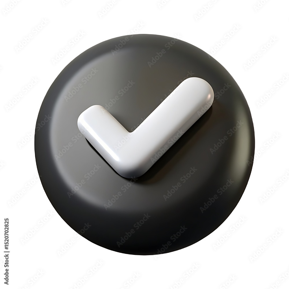 Poster 3d rendered checkmark icon displayed on a glossy black button suitable for web design and applicatio
