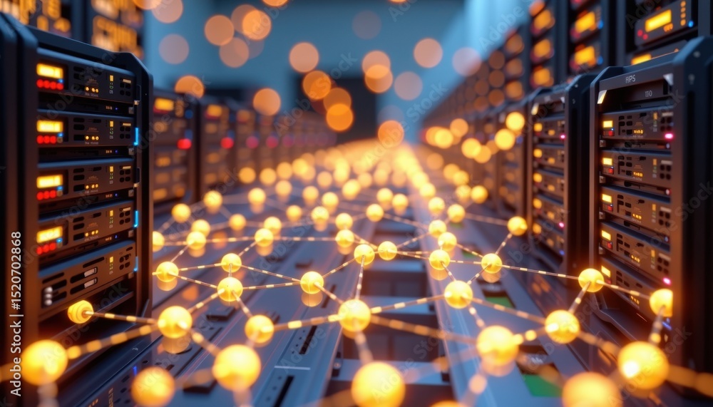 Poster a futuristic data center with glowing neural network connections and multiple server racks, symboliz