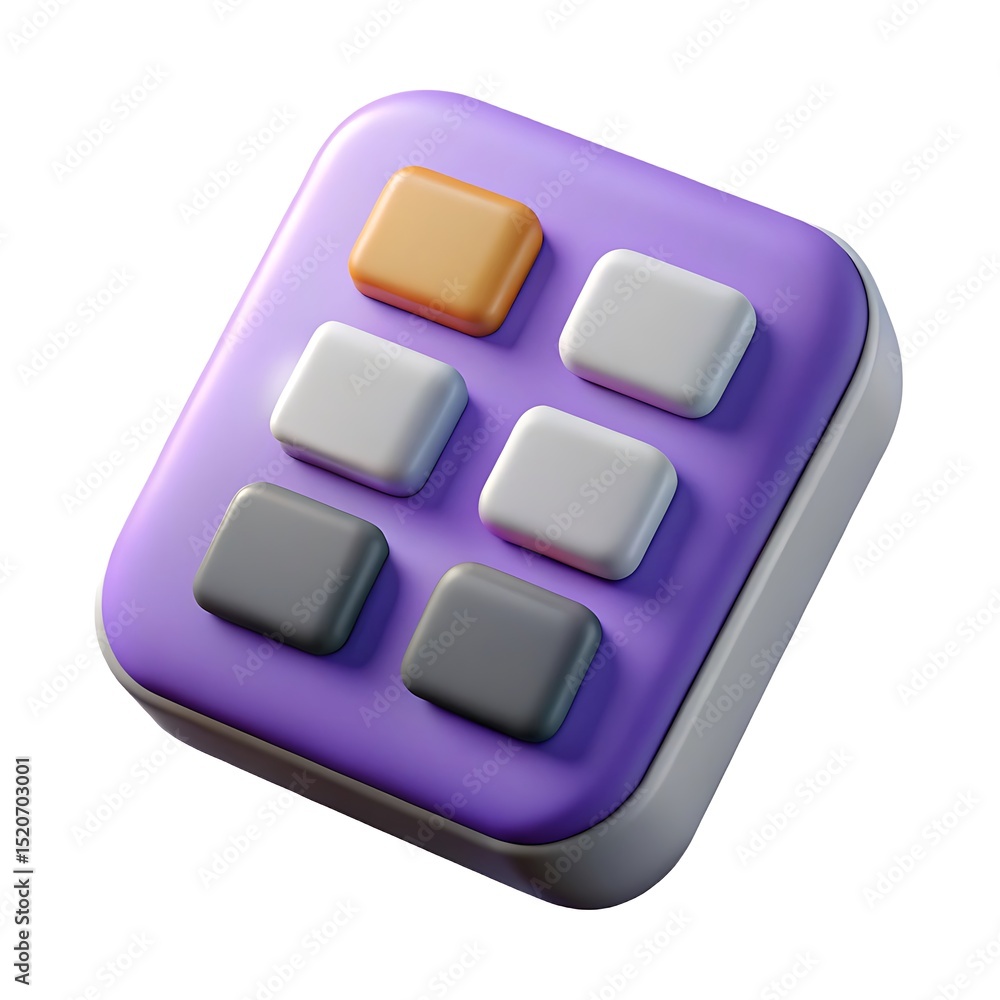 Poster a 3d rendered colorful calculator icon featuring six buttons on a rounded purple device design