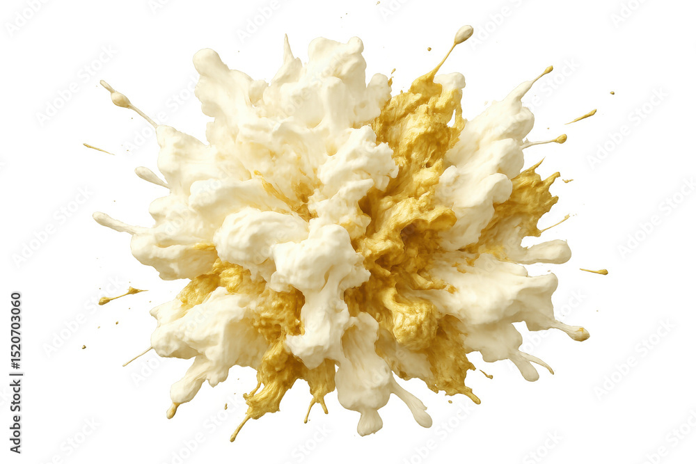 Poster white and gold paints mixing and exploding, creating a dynamic and colorful visual on a transparent 