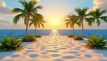 Fototapeta premium A tropical beach at sunset with palm trees, white sand, and calm ocean waves under a colorful sky.