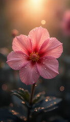 A close-up of a single pink daisy flower with a yellow center, against a blurred green background.