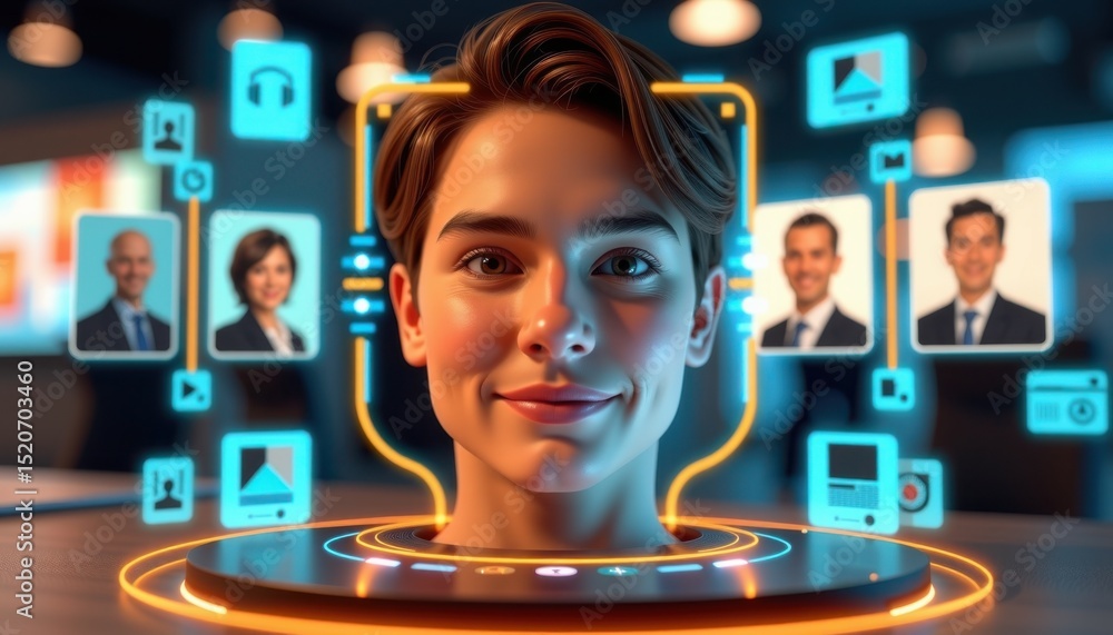 Poster a young professional interacts with a futuristic digital interface displaying colleagues