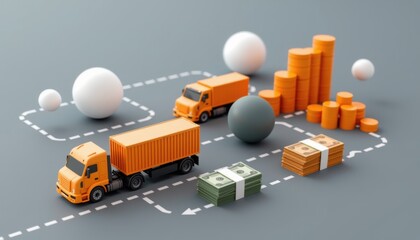 Illustration of trucks, money, coins, and graphs representing logistics, transportation, and financial growth concepts.